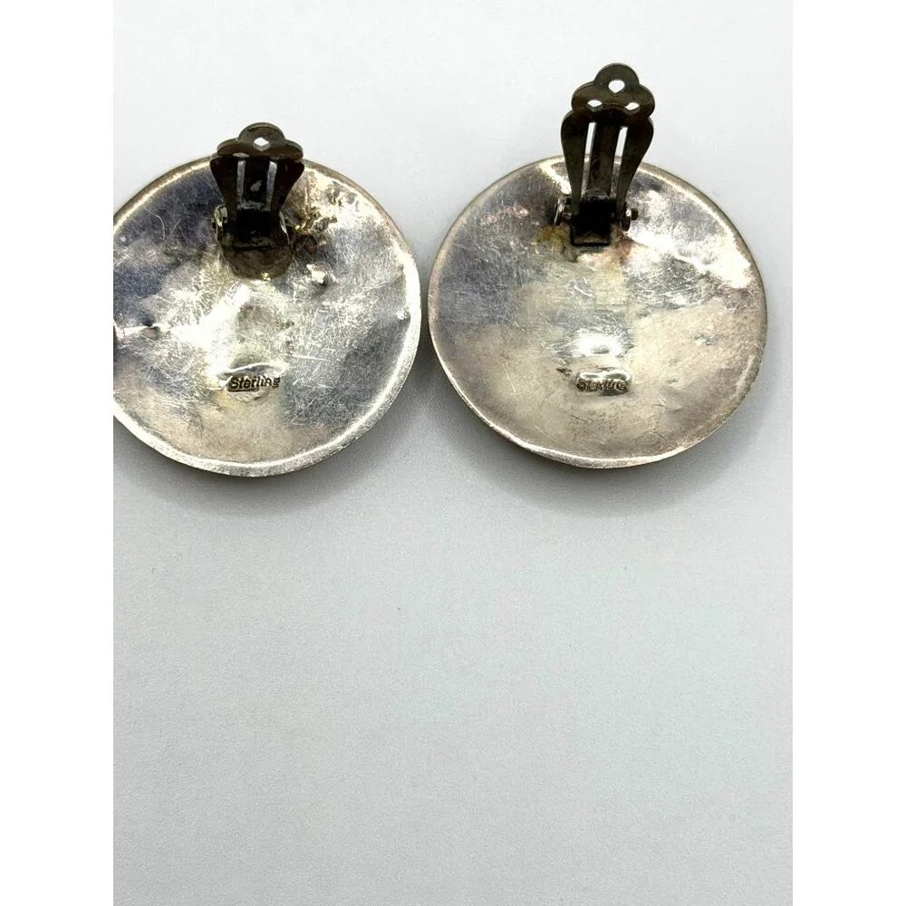 Vintage Navajo Native Sterling Silver Clip-On Earrings Intricate Stamped Floral - Picture 4 of 7